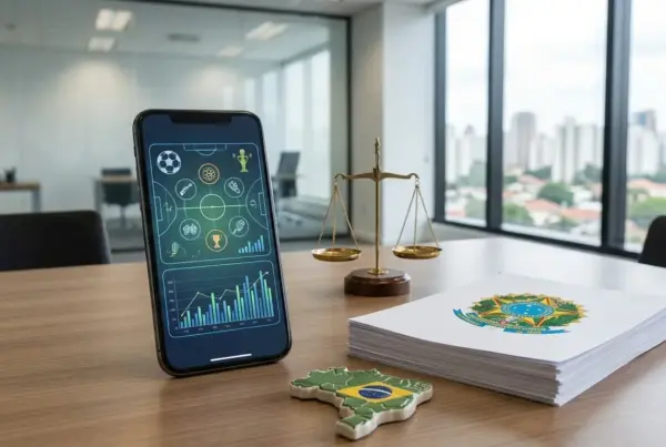Smartphone com aplicativo de estatísticas esportivas ao lado de uma balança da justiça e documentos com o brasão do Brasil sobre uma mesa de escritório.