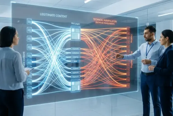 Tres profissionais em um escritorio moderno analisando fluxogramas de dados em uma tela digital transparente.