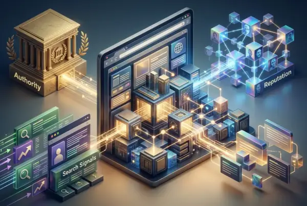 Ilustração 3D conceitual mostrando a integração entre autoridade, reputação, sinais de busca e interfaces digitais interconectadas.