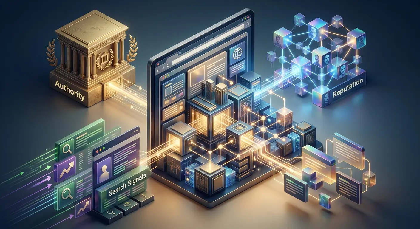 Ilustração 3D conceitual mostrando a integração entre autoridade, reputação, sinais de busca e interfaces digitais interconectadas.