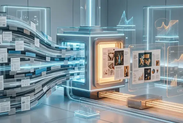 Fluxo futurista de documentos sendo processados por uma máquina digital luminosa e transformados em gráficos e relatórios.