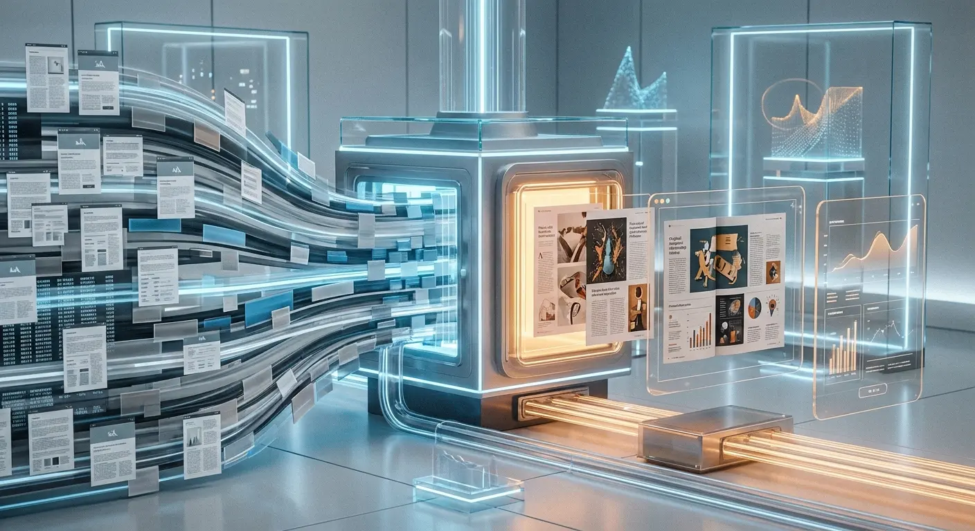 Fluxo futurista de documentos sendo processados por uma máquina digital luminosa e transformados em gráficos e relatórios.