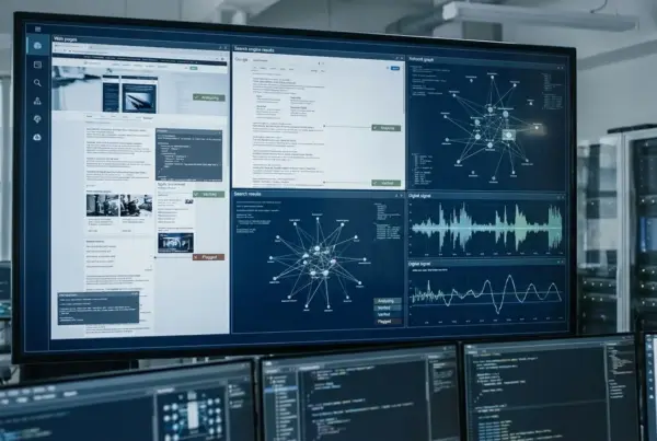 Tela grande de monitor exibindo gráficos de rede, formas de onda de sinal digital e páginas web em uma central de controle e tecnologia.