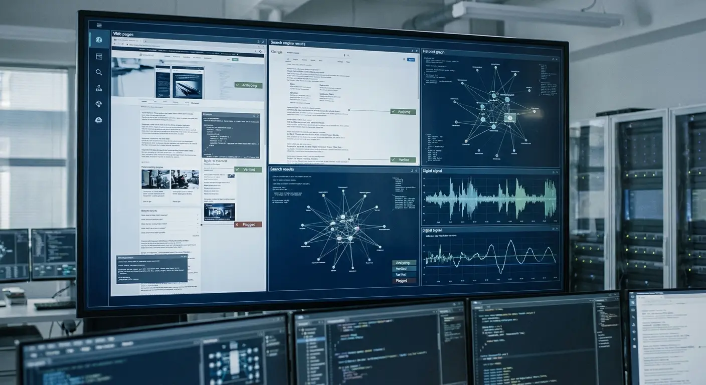 Tela grande de monitor exibindo gráficos de rede, formas de onda de sinal digital e páginas web em uma central de controle e tecnologia.