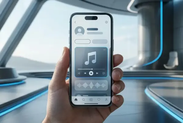 Mão segurando um smartphone moderno exibindo um aplicativo de reprodução de música em um ambiente futurista.