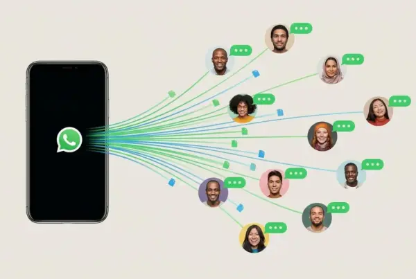 Smartphone com o logotipo do WhatsApp conectado por linhas coloridas e ícones de mensagens a fotos de perfil de diversas pessoas.