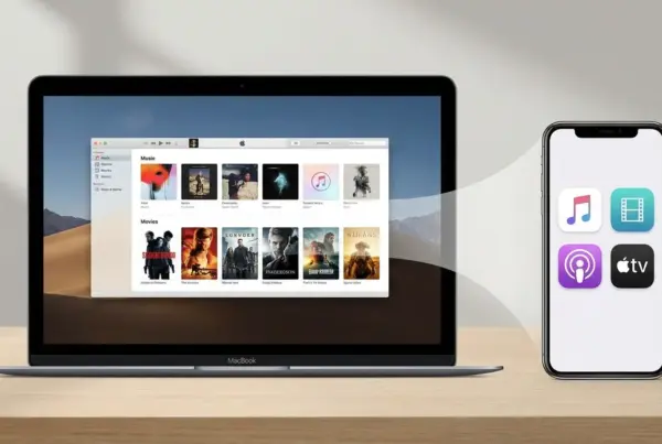 MacBook exibindo catálogo de músicas e filmes ao lado de um iPhone com ícones de aplicativos de mídia