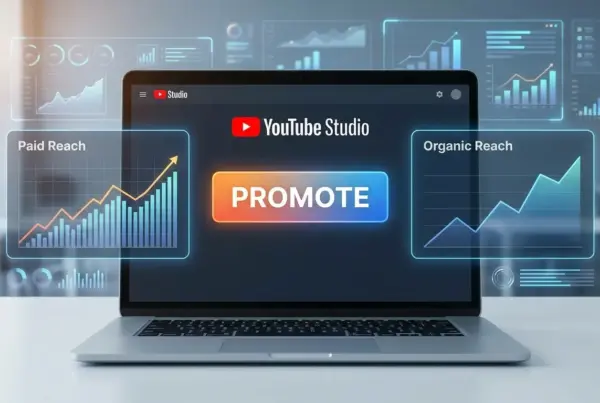 Notebook aberto com a tela do YouTube Studio exibindo o botão Promover e gráficos holográficos de alcance pago e orgânico.