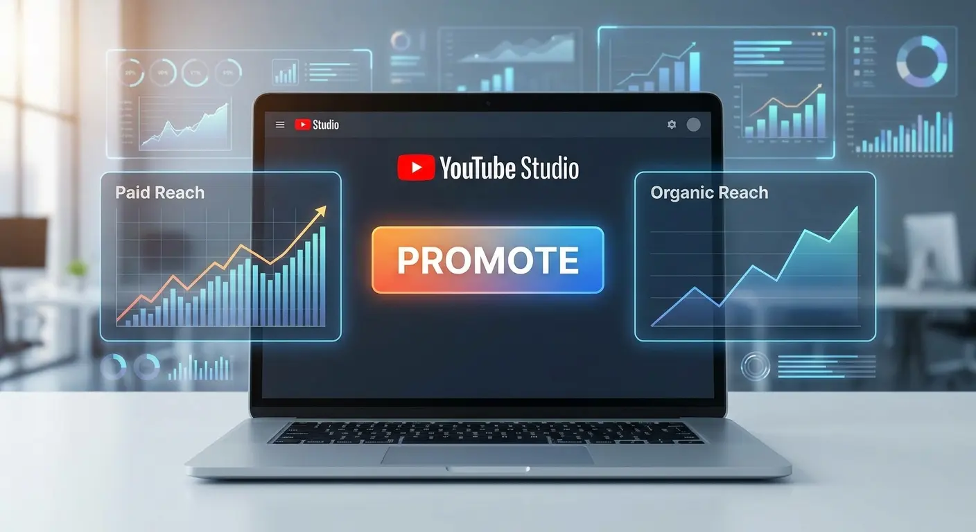 Notebook aberto com a tela do YouTube Studio exibindo o botão Promover e gráficos holográficos de alcance pago e orgânico.