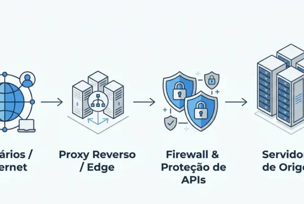 Diagrama de fluxo mostrando tráfego de Usuários e Internet passando por Proxy Reverso, Firewall e Proteção de APIs até os Servidores de Origem.