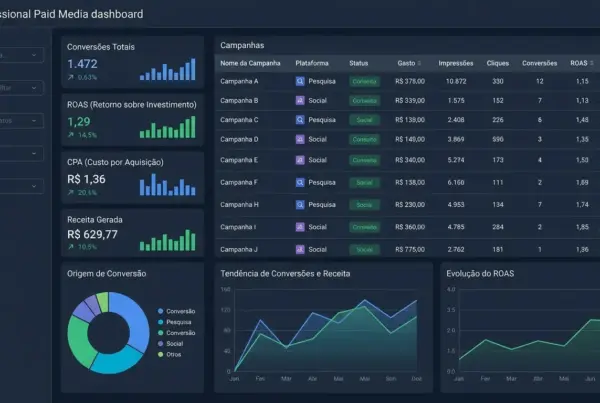 Painel de controle em tema escuro com métricas de mídia paga, tabela de campanhas e gráficos de desempenho.