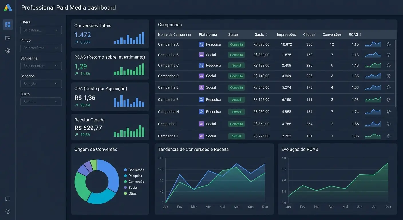 Painel de controle em tema escuro com métricas de mídia paga, tabela de campanhas e gráficos de desempenho.