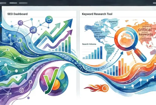 Ilustração artística em aquarela mostrando painel de SEO e ferramenta de pesquisa de palavras-chave no WordPress com gráficos e mapa-múndi.