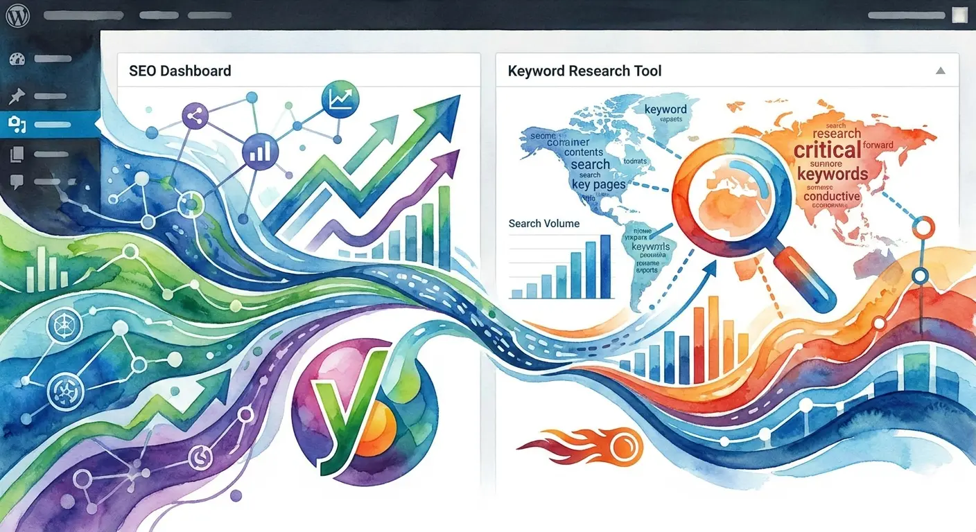 Ilustração artística em aquarela mostrando painel de SEO e ferramenta de pesquisa de palavras-chave no WordPress com gráficos e mapa-múndi.