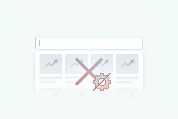 Interface de busca sobre painéis de gráficos bloqueada por um X vermelho e uma engrenagem.
