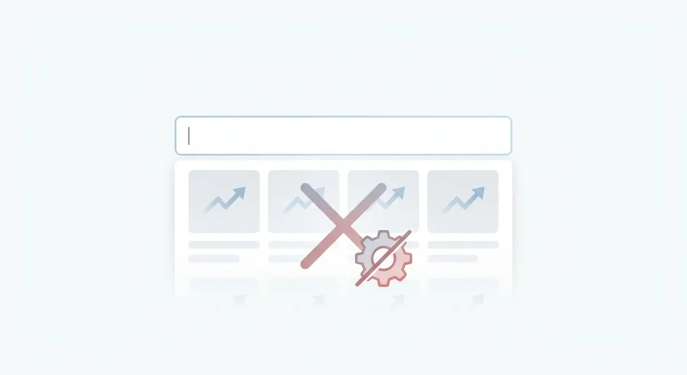 Interface de busca sobre painéis de gráficos bloqueada por um X vermelho e uma engrenagem.