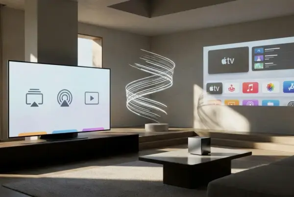 Sala de estar contemporânea com uma smart TV à esquerda e uma imagem projetada na parede com interface de aplicativos à direita.