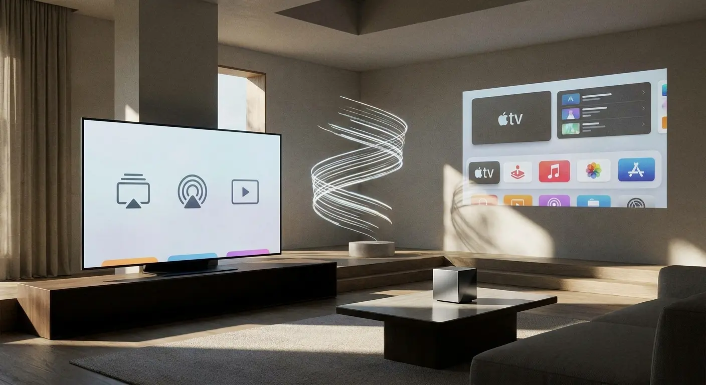 Sala de estar contemporânea com uma smart TV à esquerda e uma imagem projetada na parede com interface de aplicativos à direita.