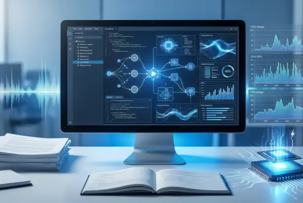Monitor de computador exibindo fluxograma de dados e linhas de código ao lado de um microchip brilhante sobre uma mesa.