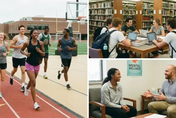 Montagem de três fotos mostrando estudantes correndo na pista de atletismo, estudando juntos na biblioteca e participando de uma consulta de apoio emocional.