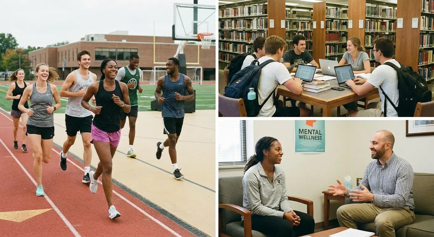 Montagem de três fotos mostrando estudantes correndo na pista de atletismo, estudando juntos na biblioteca e participando de uma consulta de apoio emocional.