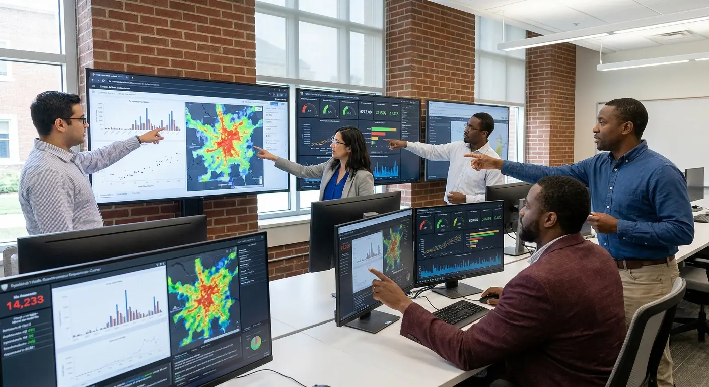 Grupo de profissionais em uma sala de controle apontando para telas com gráficos e mapas de calor de dados.