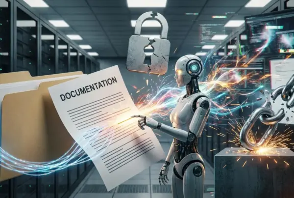 Robô humanoide em um data center interagindo com documento enquanto correntes e um cadeado se quebram.