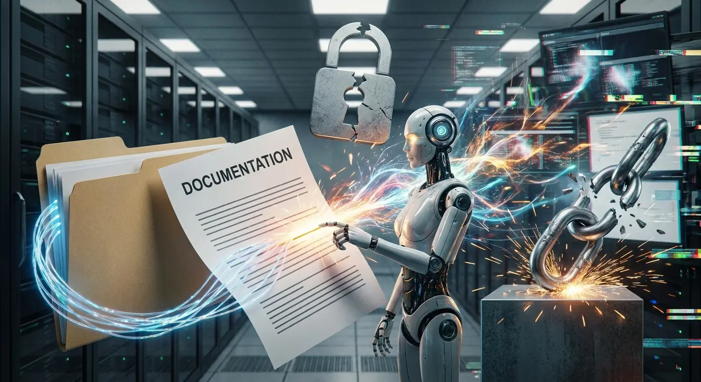 Robô humanoide em um data center interagindo com documento enquanto correntes e um cadeado se quebram.