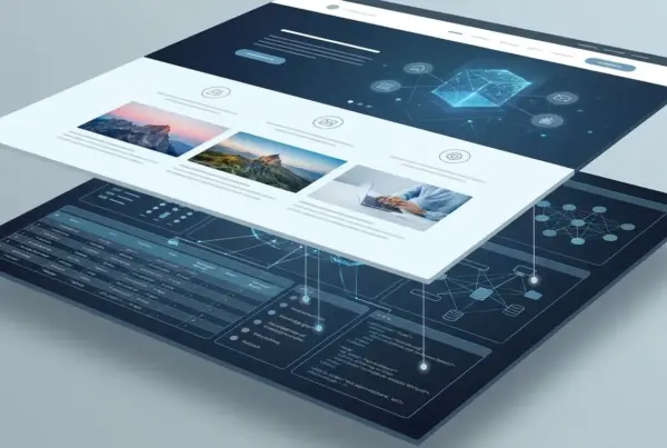 Ilustração 3D mostrando uma interface de site flutuando sobre uma camada de código, redes e banco de dados.