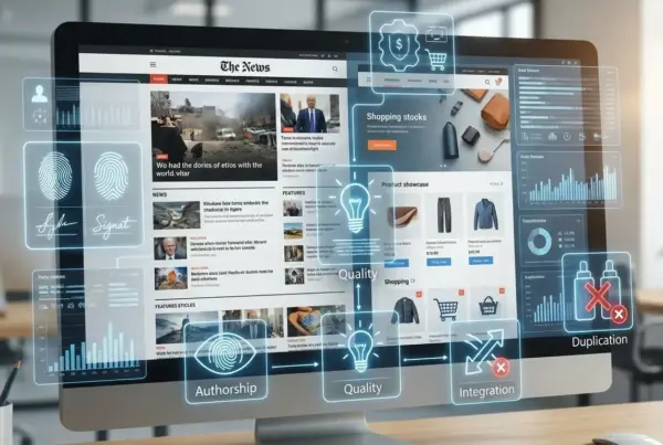 Monitor de computador em escritório exibindo layout de notícias e e-commerce com ícones holográficos de métricas e autoria.