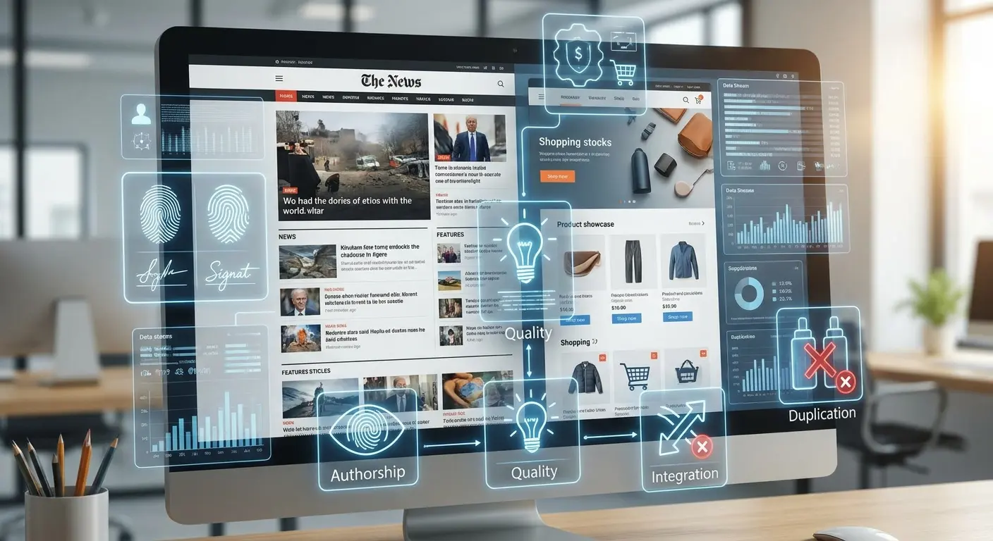 Monitor de computador em escritório exibindo layout de notícias e e-commerce com ícones holográficos de métricas e autoria.