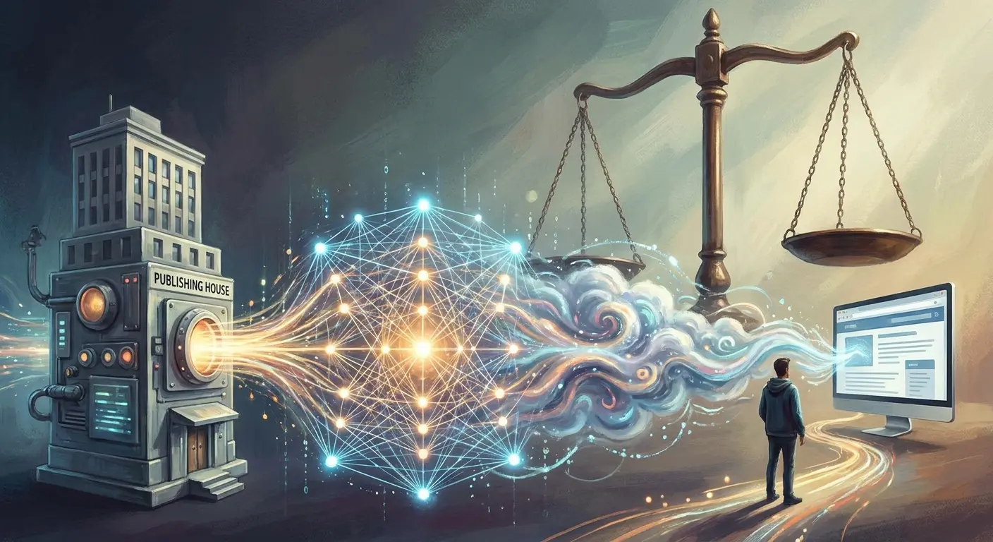 Ilustração conceitual mostrando um edifício de editora conectado por redes de dados luminosas a uma tela de computador com uma balança da justiça ao fundo.