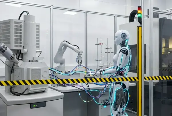 Robô humanoide com circuitos luminosos operando maquinário científico em laboratório de alta tecnologia.