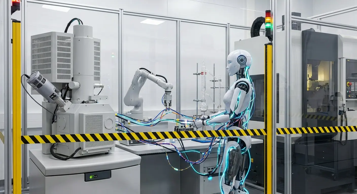 Robô humanoide com circuitos luminosos operando maquinário científico em laboratório de alta tecnologia.