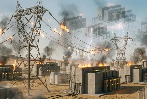 Ilustração 3D de torres de alta tensão e subestações elétricas em chamas, com fumaça escura, faíscas e raios atingindo a fiação.