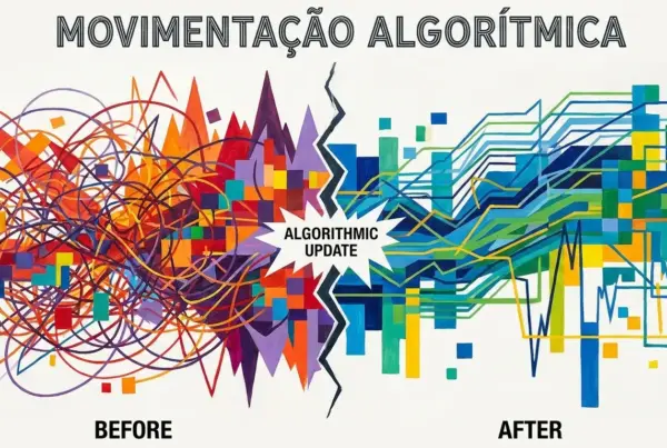 Ilustração conceitual comparando o antes e depois de uma atualização algorítmica, com linhas caóticas à esquerda e linhas organizadas à direita.