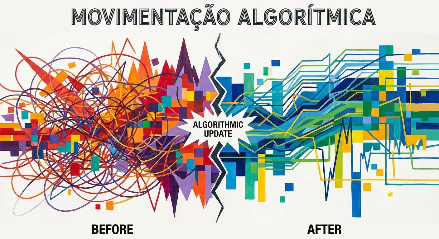 Ilustração conceitual comparando o antes e depois de uma atualização algorítmica, com linhas caóticas à esquerda e linhas organizadas à direita.