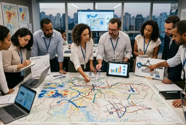 Grupo de profissionais diversos reunidos em torno de uma mesa, analisando um grande mapa impresso com rotas coloridas, gráficos em tablets e laptops, em um…