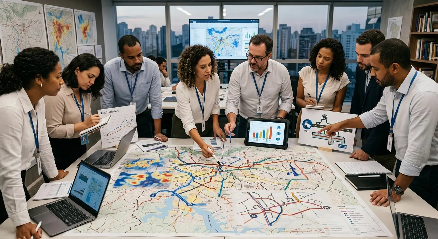 Grupo de profissionais diversos reunidos em torno de uma mesa, analisando um grande mapa impresso com rotas coloridas, gráficos em tablets e laptops, em um…