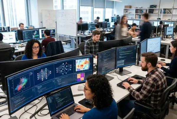 Vários profissionais trabalhando em computadores com múltiplos monitores em um escritório moderno.