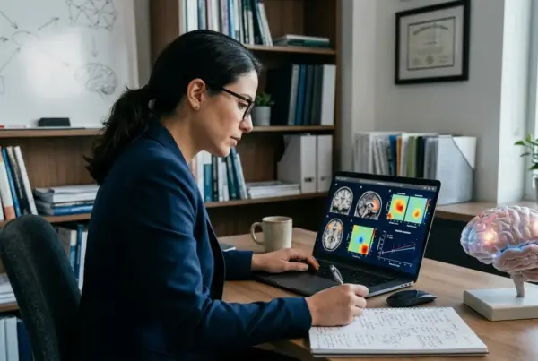Mulher de óculos e blazer azul sentada em uma mesa, escrevendo em um caderno enquanto olha para um notebook que exibe imagens de ressonância magnética do…