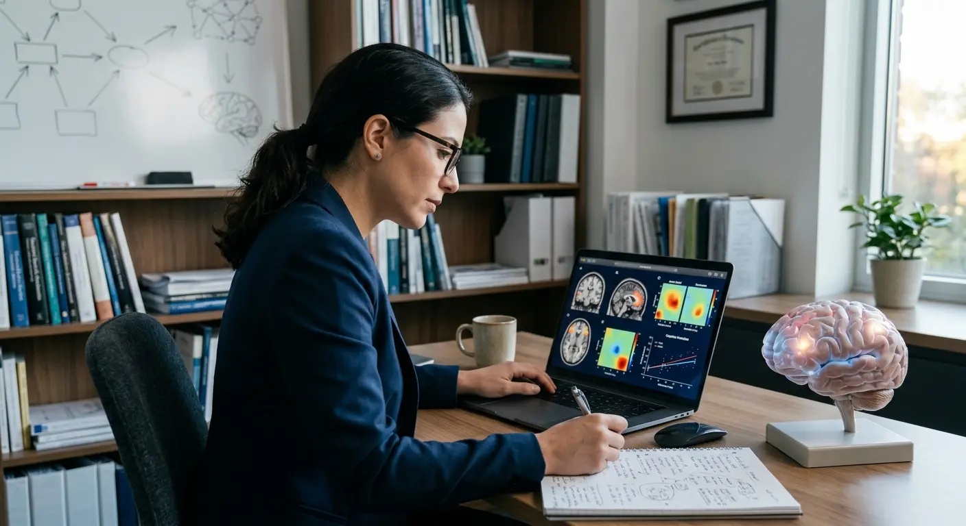 Mulher de óculos e blazer azul sentada em uma mesa, escrevendo em um caderno enquanto olha para um notebook que exibe imagens de ressonância magnética do…