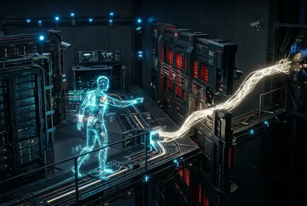 Uma figura humana holográfica azul brilhante caminha por uma passarela em um data center escuro, com feixes de luz conectando-se a servidores.