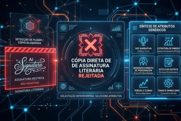 Interface digital futurista mostrando um alerta de 'Cópia Direta de Assinatura Literária Rejeitada' com painéis de análise de texto.