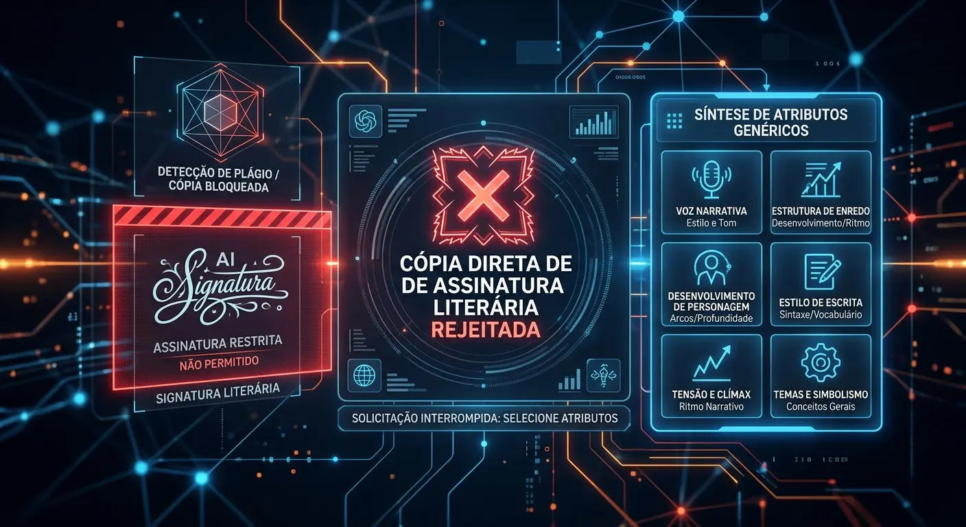 Interface digital futurista mostrando um alerta de 'Cópia Direta de Assinatura Literária Rejeitada' com painéis de análise de texto.