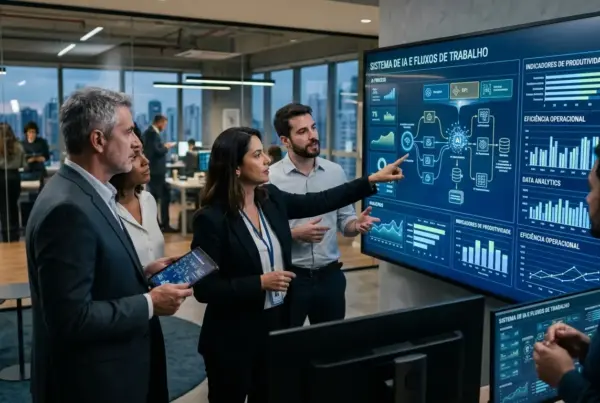 Grupo de profissionais em um escritório moderno analisando gráficos e fluxos de trabalho de IA em uma grande tela digital.