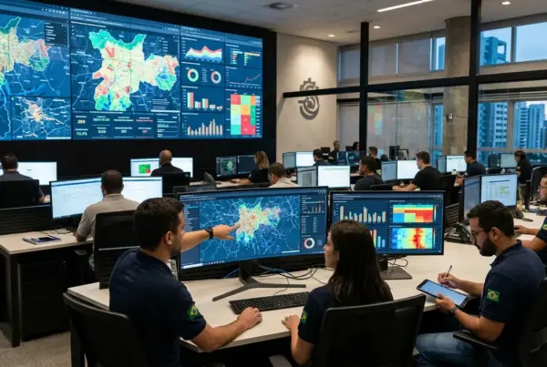 Profissionais trabalhando em um centro de controle moderno, com grandes telões exibindo mapas de calor e gráficos, e vários monitores individuais nas mesas.