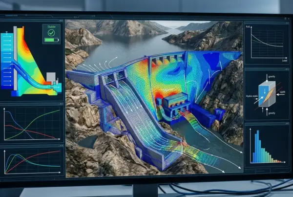 Monitor exibindo software de simulação de engenharia com análise de fluxo de água e estresse estrutural em uma barragem hidrelétrica.