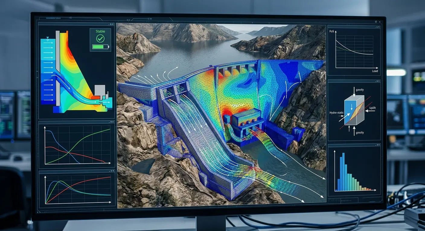 Monitor exibindo software de simulação de engenharia com análise de fluxo de água e estresse estrutural em uma barragem hidrelétrica.