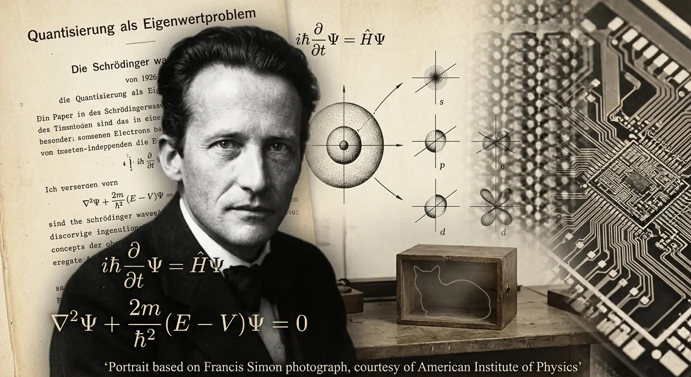 Retrato de Erwin Schrödinger sobreposto a documentos científicos, equações matemáticas, diagramas atômicos, uma caixa com a silhueta de um gato e um circuito…